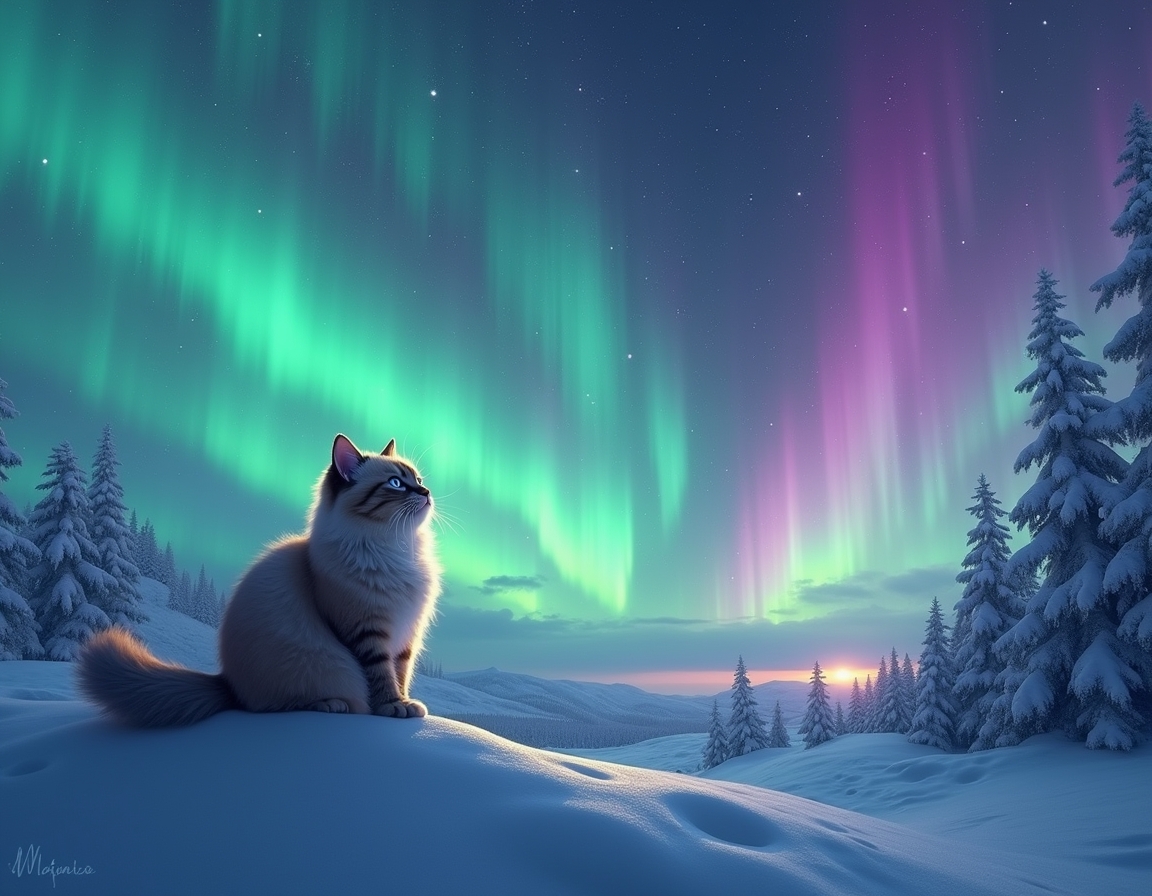 Cat watches in awe as the Northern Lights light up the night sky, casting vibrant colors across the snowy landscape, creating a surreal and magical winter adventure.