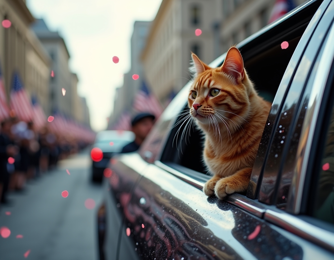 Cat in a celebratory motorcade, enjoying the confetti and cheering crowds during the inauguration parade.