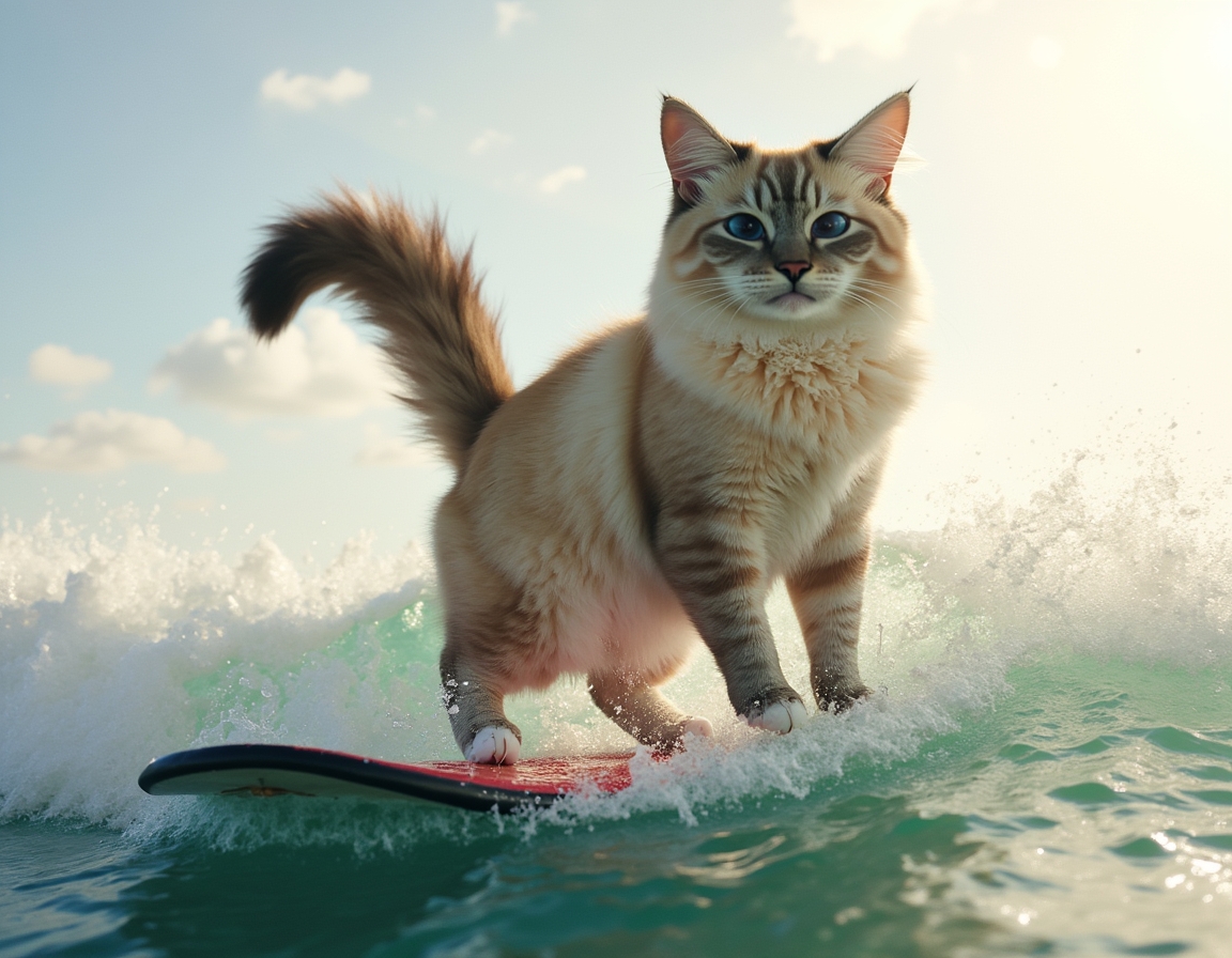🏄 Hang ten, dude. Or hang four. Your cat riding a wave, tail up, living the beach life.