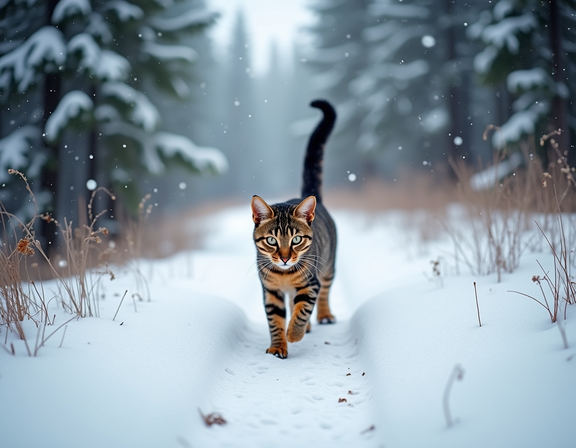 Cat walks along a snowy winter trail, leaving footprints in the fresh snow while surrounded by peaceful pine trees and gently falling snowflakes.