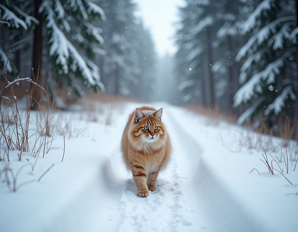 Cat walks along a snowy winter trail, leaving footprints in the fresh snow while surrounded by peaceful pine trees and gently falling snowflakes.