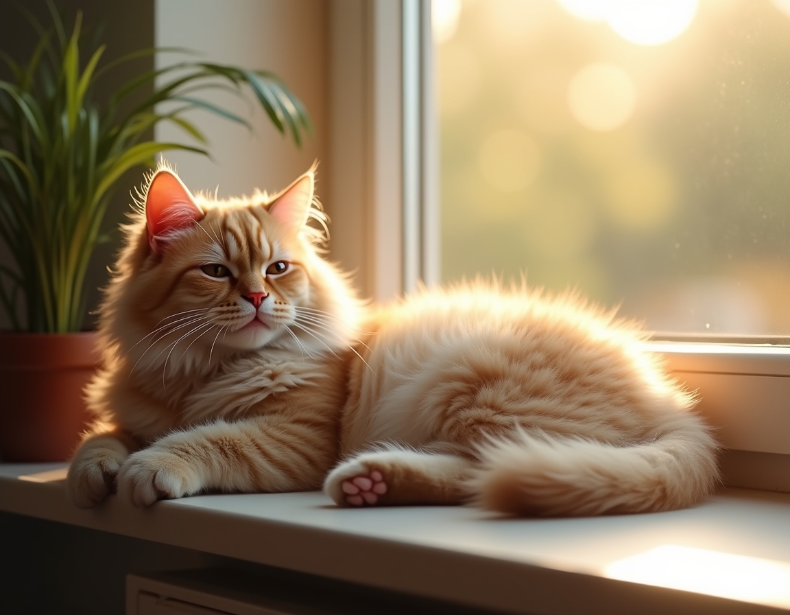 Relaxed cat lies on a sunlit windowsill, its fur glowing in the soft afternoon light. A small potted plant sits nearby, and the blurred background reveals trees outside.