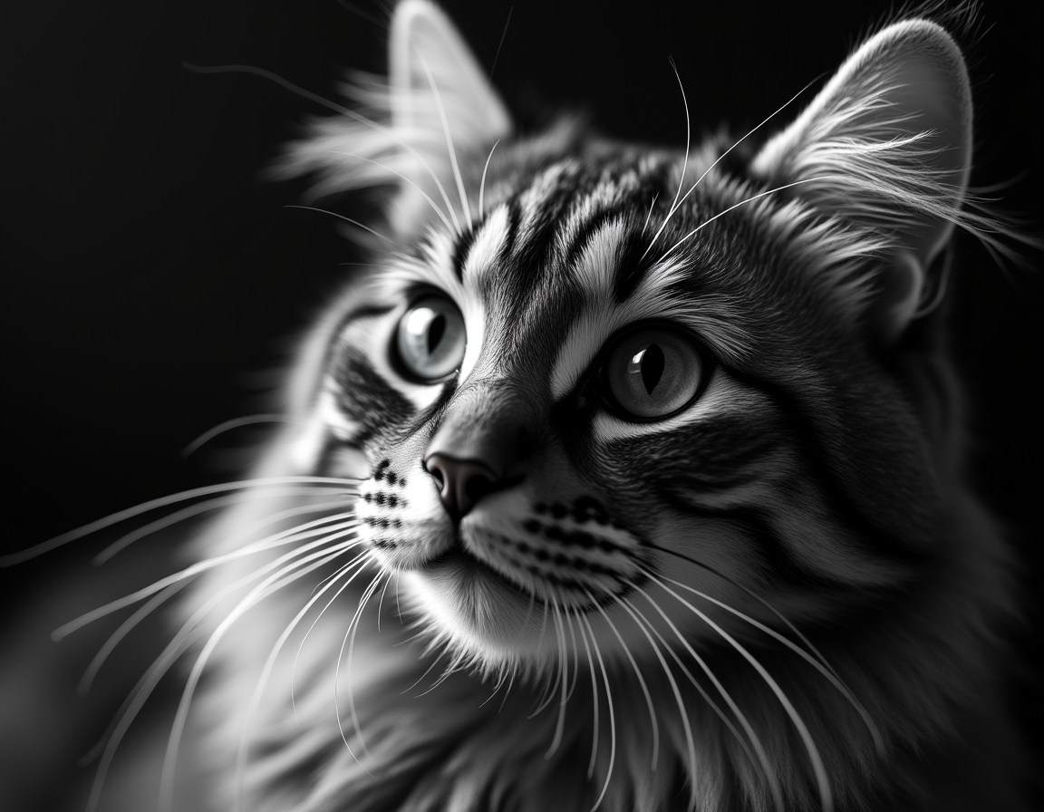 Close-up black and white studio portrait of a cat’s face, lit with soft diffused light. Every whisker, eyelash, and fur strand is rendered in hyper-detailed monochrome.