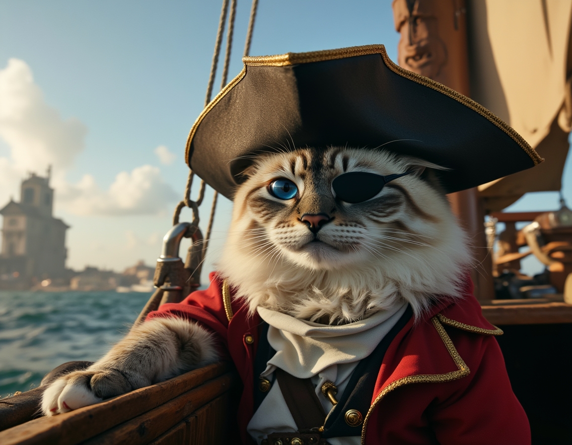 🏴‍☠️ Captain Whiskers and the Treasure of Tuna Island. Your cat with an eyepatch and pirate hat, sailing the seven seas in search of fish.