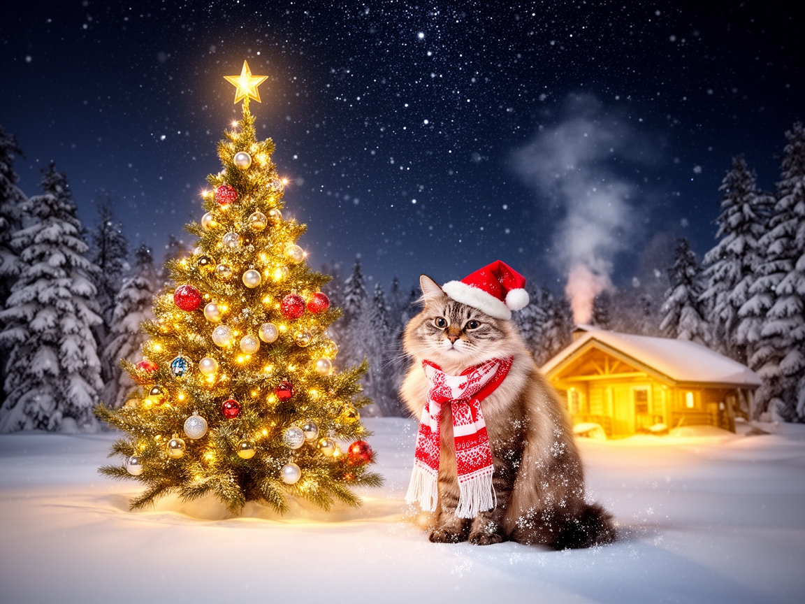 Cat sits beside a glowing Christmas tree, wearing a festive scarf and Santa hat. Snow falls gently, with a cozy cabin and snow-covered trees in the background.