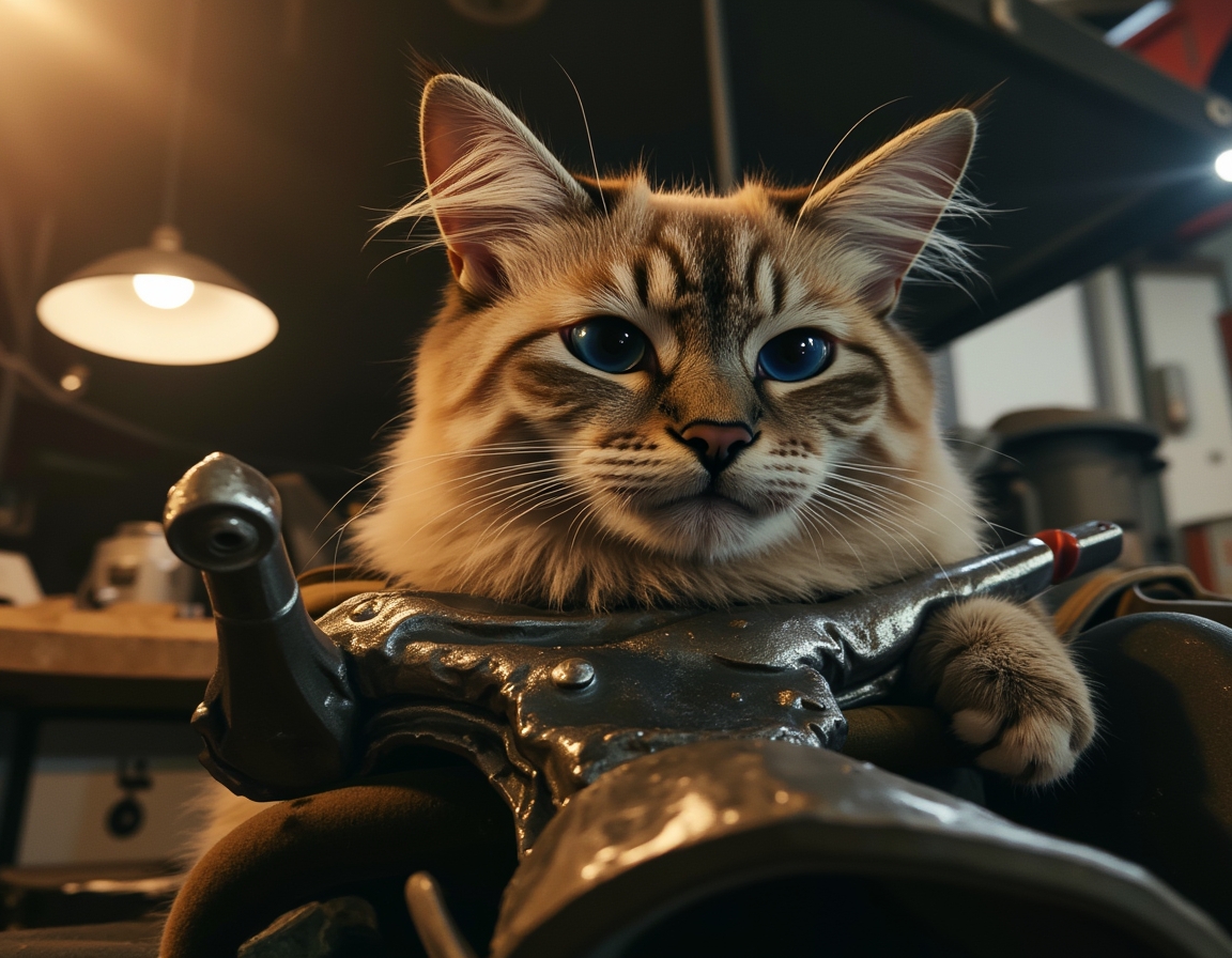 🔧 Found the problem. There's a cat in the engine. Your cat covered in grease, wrench in paw, fixing things they probably broke.