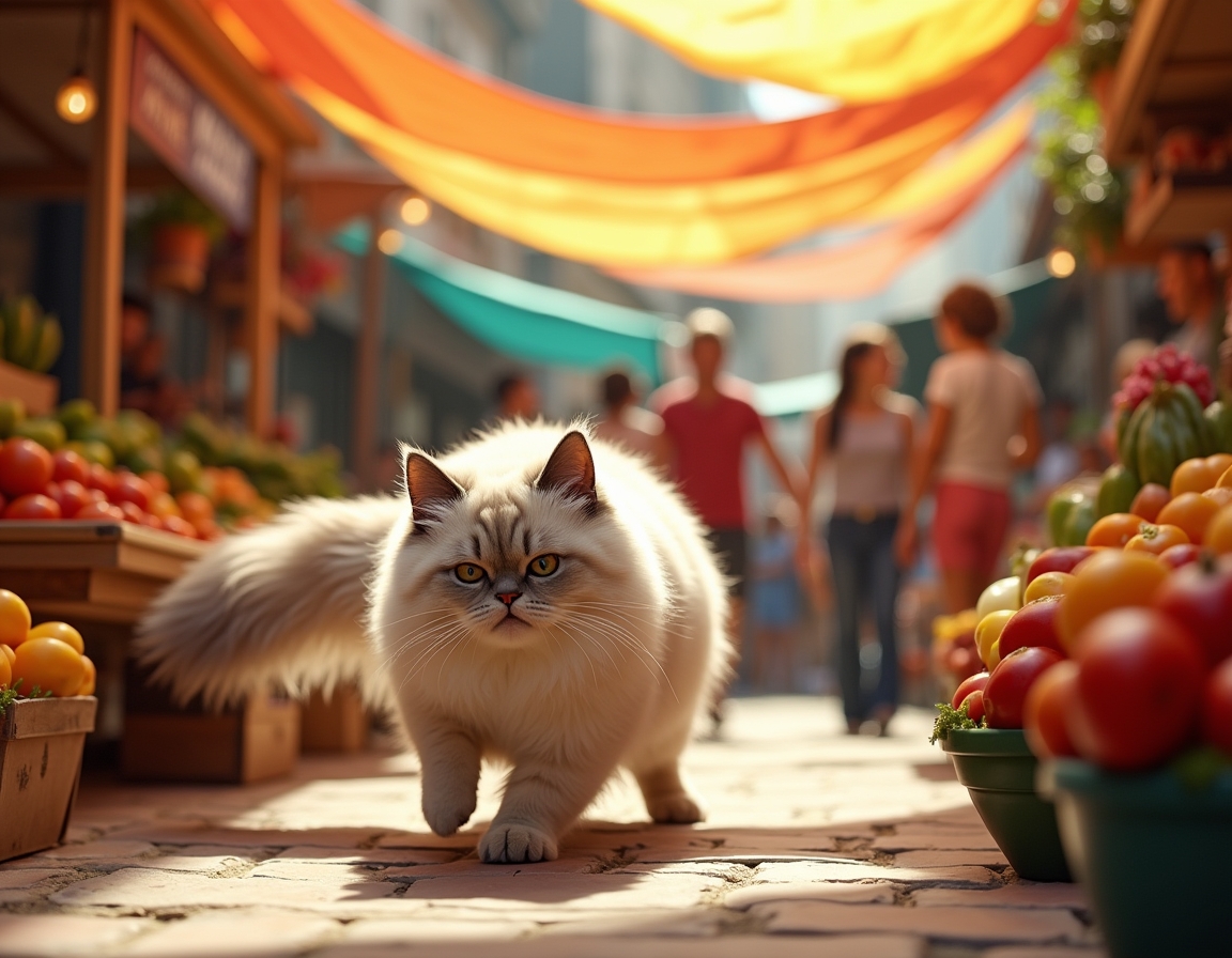 Cat wanders through a lively market, surrounded by fresh produce, baked goods, and aromas.