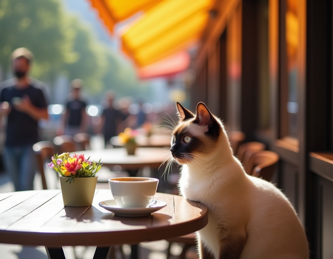 Cat sits contentedly at an outdoor cafe, enjoying the bustling streets and warm sunlight.