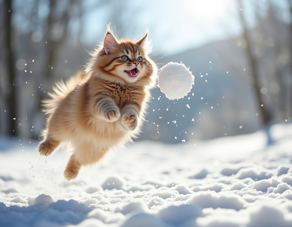Cat leaps into the air, playfully trying to catch a snowball as it enjoys the winter wonderland with enthusiasm and excitement.