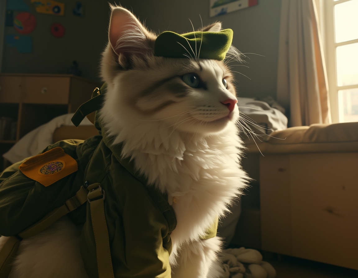 🎖️ Private Paws, reporting for duty. Your cat in military uniform, standing at attention (or attention-seeking).