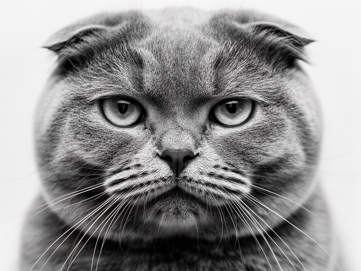 Close-up black and white studio portrait of a cat’s face, lit with soft diffused light. Every whisker, eyelash, and fur strand is rendered in hyper-detailed monochrome.