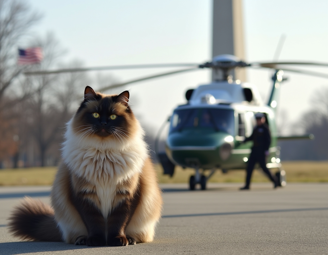 Cat braves the rotor wash beside Marine One, capturing a thrilling presidential travel send-off.
