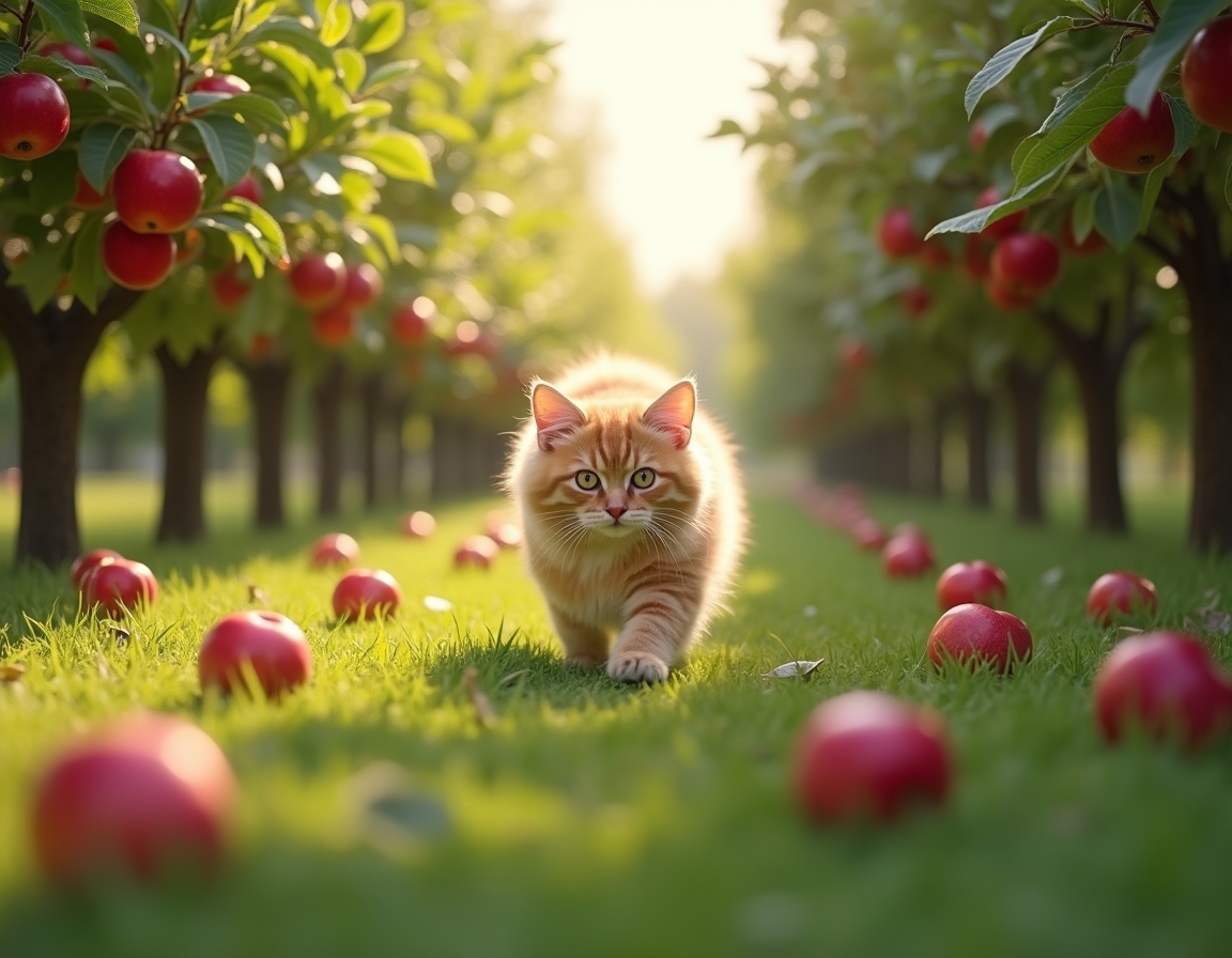 Cat explores an orchard filled with fragrant fruit and dappled sunlight.